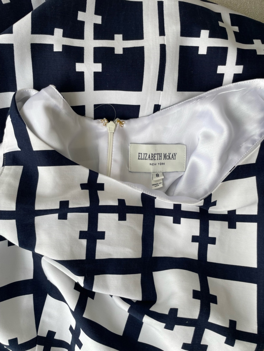 Elizabeth McKay Cotton Silk Navy White Geometric Sheath Dress Size 8 Made in USA - Picture 6 of 7